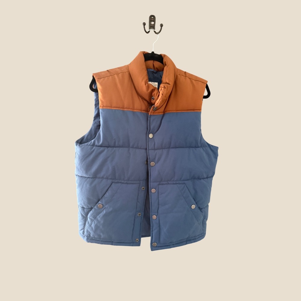 Old Navy Mens Puffer Vest Blue Orange Colorblock Snap Front Size Medium Fall